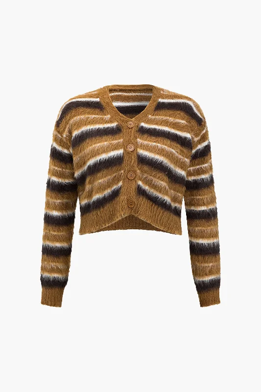 Knitted Stripe Fuzzy Button Long-Sleeve Top Preppy Women's College Preppy Women's College Knitted Stripe Fuzzy Button Long-Sleeve Top Preppy Women's College Preppy Women's College