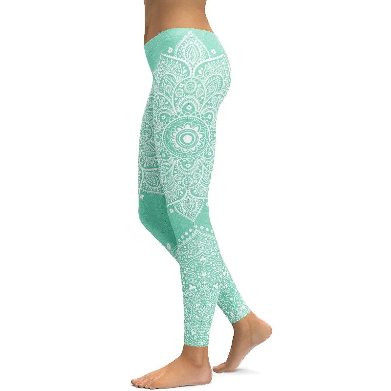 Mint Green Mandala Leggings Casual Women's Japanese  Casual Women's Japanese 