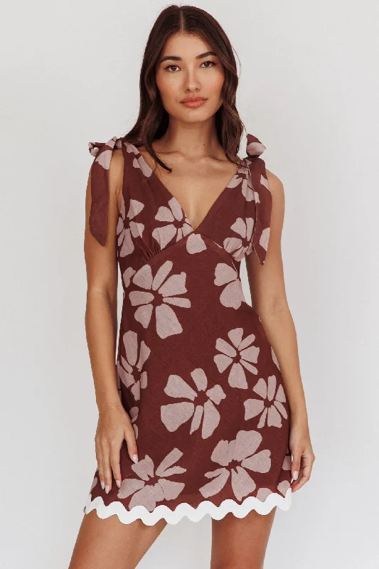Mykonos Morning Tied Shoulder Mini Dress Floral Brown Artistic Women's Hand - painted Artistic Women's Hand - painted Mykonos Morning Tied Shoulder Mini Dress Floral Brown Artistic Women's Hand - painted Artistic Women's Hand - painted