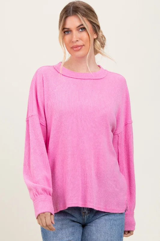 Pink Brushed Ribbed Knit Pullover Laid - back Women's Vibe Laid - back Women's Vibe