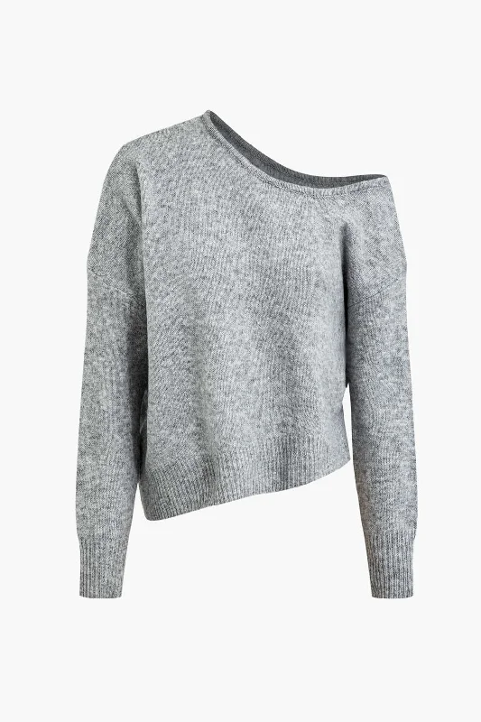 Solid Knit Off Shoulder Sweater Long-Sleeve Top Gym Gym