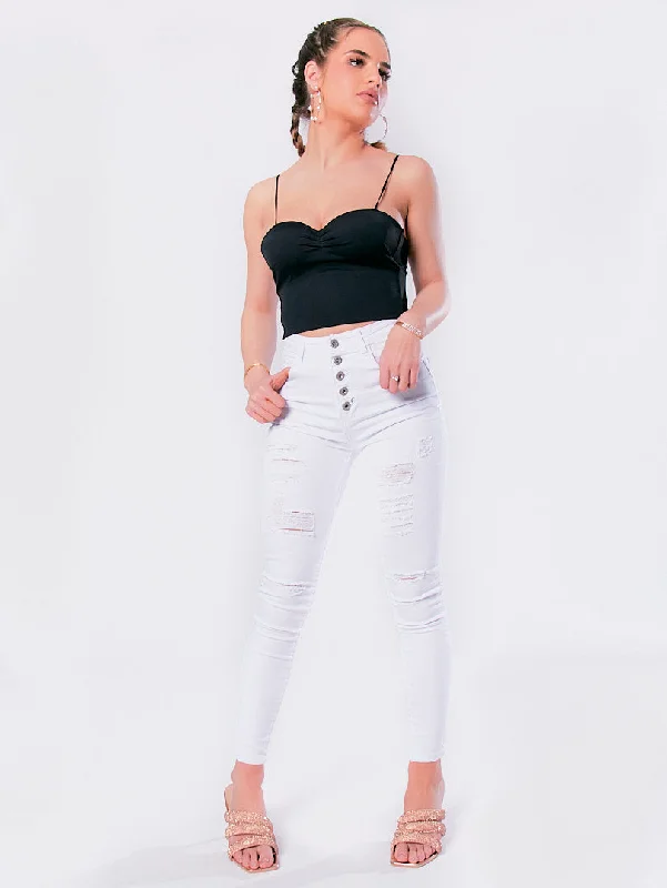 Jean skinny blanc à boutons et déchirures légères Trendy Women's  Trendy Women's 