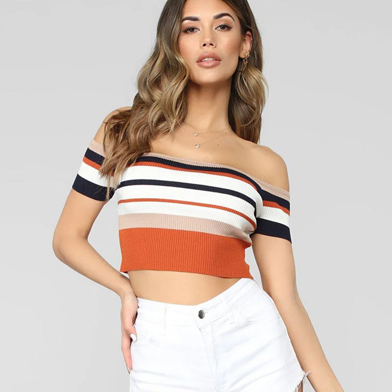 Elegant Off The Shoulder Multicolor Striped Print Cropped Rib Knit Top Street Street Elegant Off The Shoulder Multicolor Striped Print Cropped Rib Knit Top Street Street