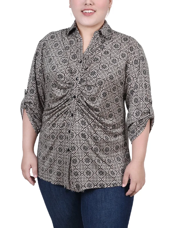Plus Size 3/4 Roll Tab Rouched-Front Top Hip Women's Retro Hip Women's Retro