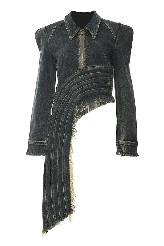 Asymmetric Drape Lapel Collar Long Sleeve Half Zip Fringe Denim Jacket Bohemian Women's Free Bohemian Women's Free Asymmetric Drape Lapel Collar Long Sleeve Half Zip Fringe Denim Jacket Bohemian Women's Free Bohemian Women's Free