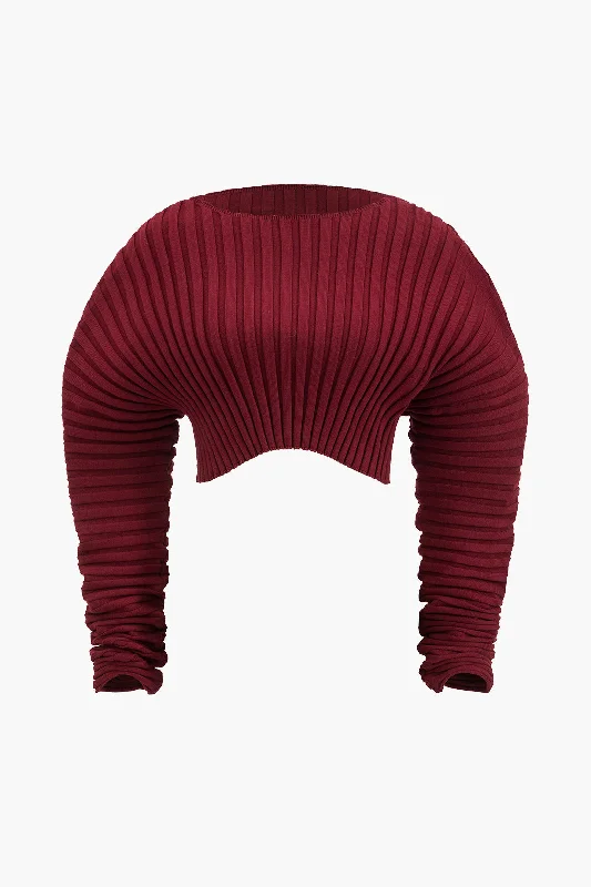 Knit Ruched Detail Long-Sleeve Cropped Top Trendy Women's  Trendy Women's 