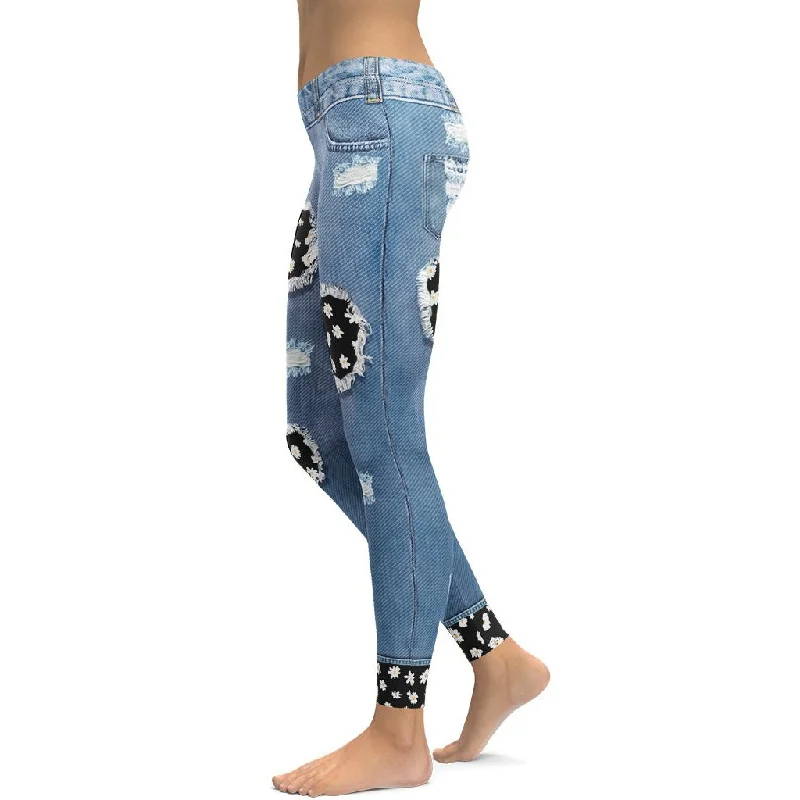 Daisy Denim Print Leggings Compression Compression