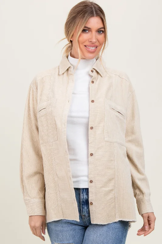 Beige Corduroy Fringe Hem Shirt Jacket Elegant Women's Formal Elegant Women's Formal Beige Corduroy Fringe Hem Shirt Jacket Elegant Women's Formal Elegant Women's Formal