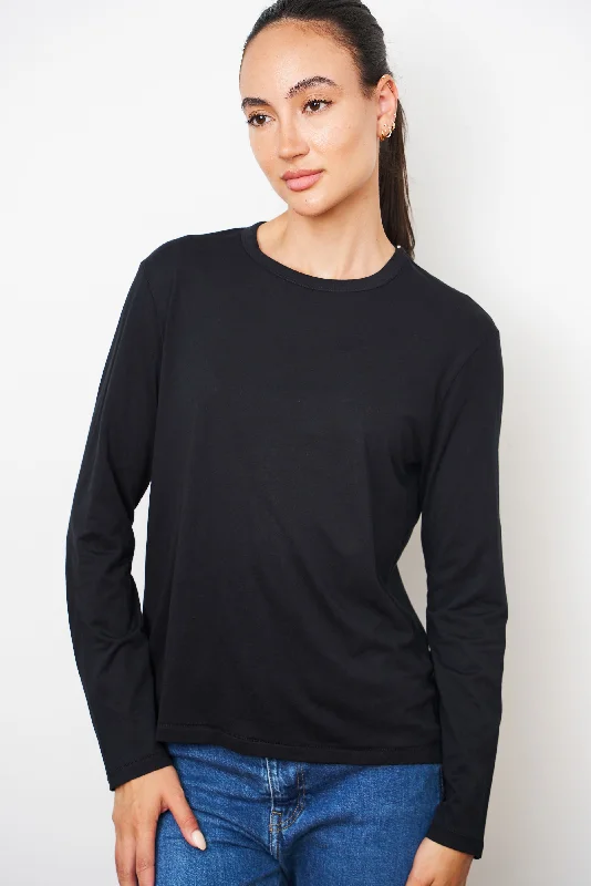 Lyocell Cotton Long Sleeve Semi Relaxed Crewneck in Noir Country Country