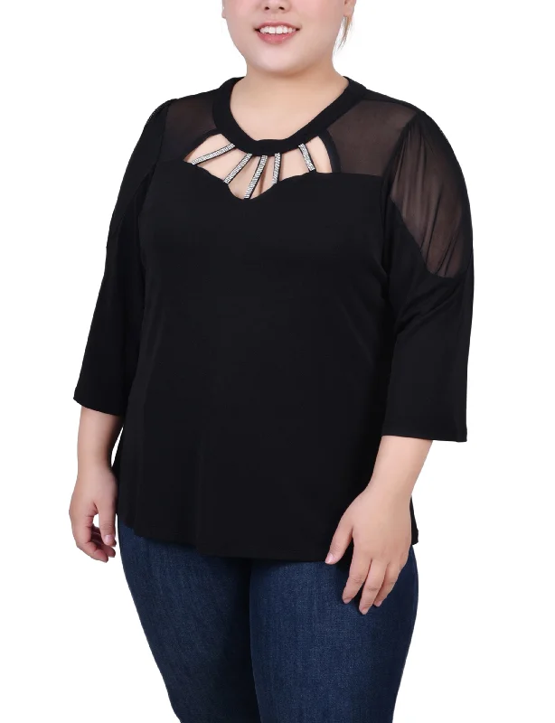 Plus Size 3/4 Sleeve Top With Neckline Cutouts and Stones Bold Women's Animal Print Bold Women's Animal Print Plus Size 3/4 Sleeve Top With Neckline Cutouts and Stones Bold Women's Animal Print Bold Women's Animal Print