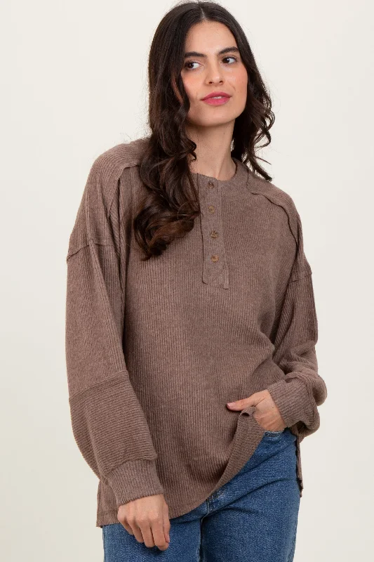 Mocha Oversized Ribbed Knit Henley Sweater garde garde