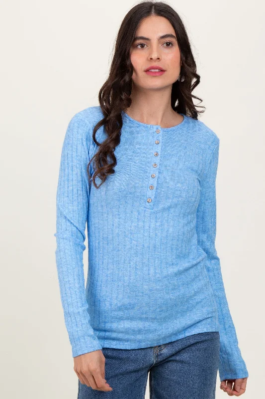 Blue Ribbed Knit Button Long Sleeve Top Earthy Women's  Earthy Women's 