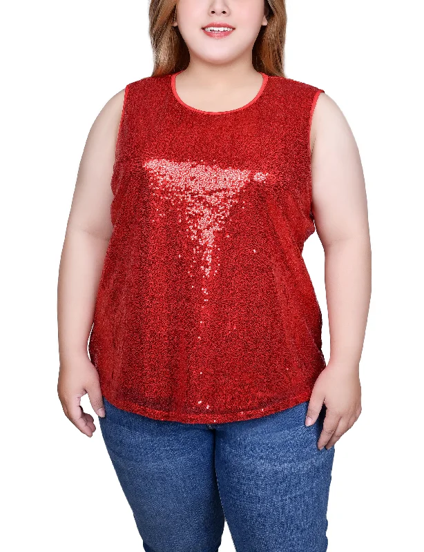 Plus Size Sleeveless Sequined Tank Top With Combo Banding Scandinavian Scandinavian