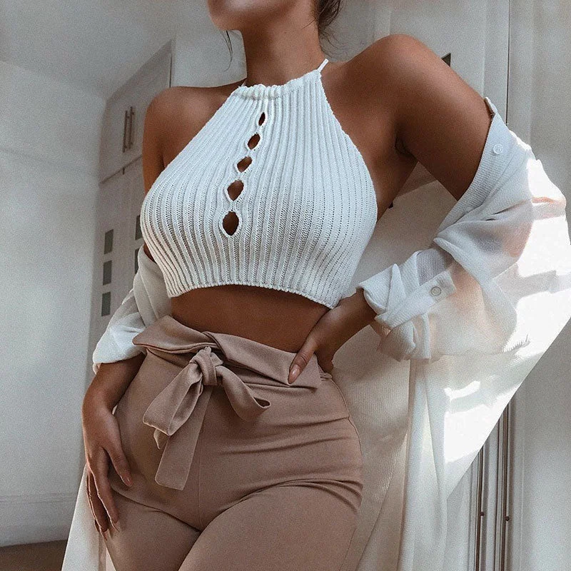Sexy White Cutout Open Back Cropped Rib Knit Halter Top Cool Women's Skate Cool Women's Skate Sexy White Cutout Open Back Cropped Rib Knit Halter Top Cool Women's Skate Cool Women's Skate