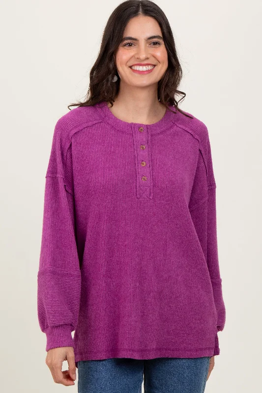 Plum Oversized Ribbed Knit Henley Sweater Sleek Women's  Sleek Women's 