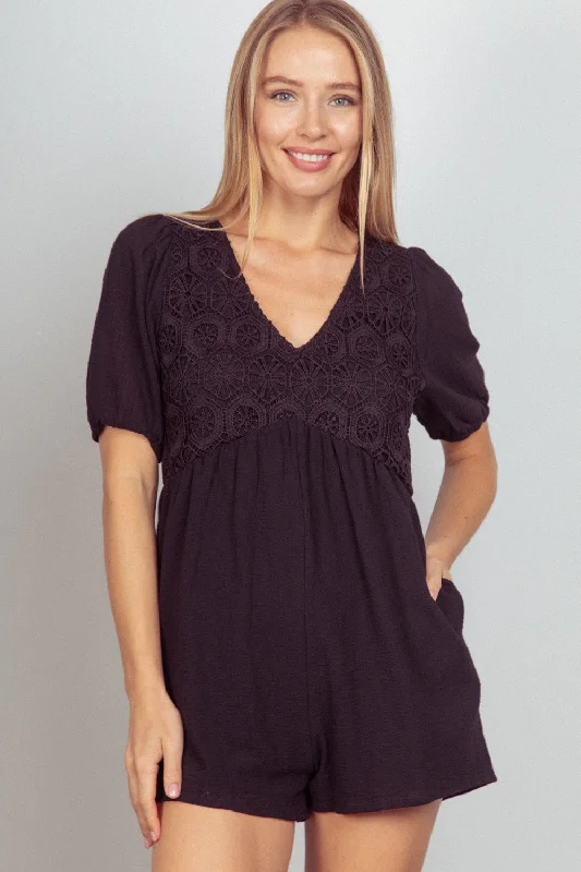 VERY J Lace Detail Puff Sleeve Romper with Pockets Cool Women's Distressed Cool Women's Distressed VERY J Lace Detail Puff Sleeve Romper with Pockets Cool Women's Distressed Cool Women's Distressed