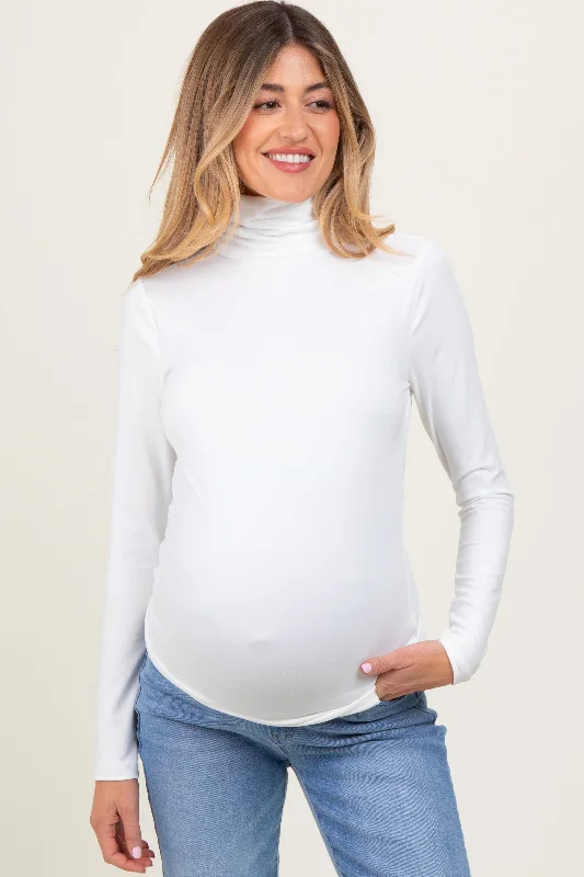 White Brushed Knit Basic Turtleneck Maternity Top Disco Disco