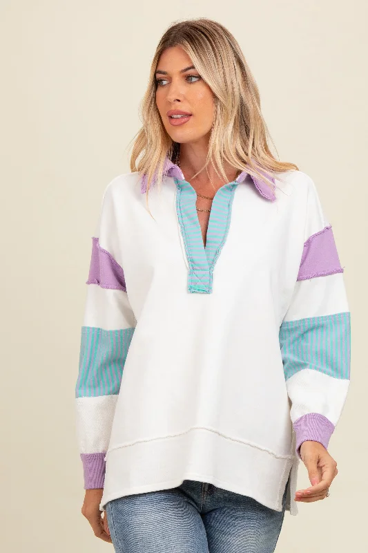 Lavender Colorblock Stripe Polo Sweatshirt Cozy Women's Winter Cozy Women's Winter