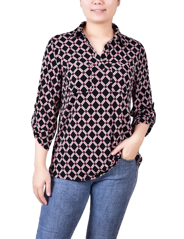 Petite 3/4 Roll Tab Sleeve Studded Y Neck Top Trendy Women's  Trendy Women's 