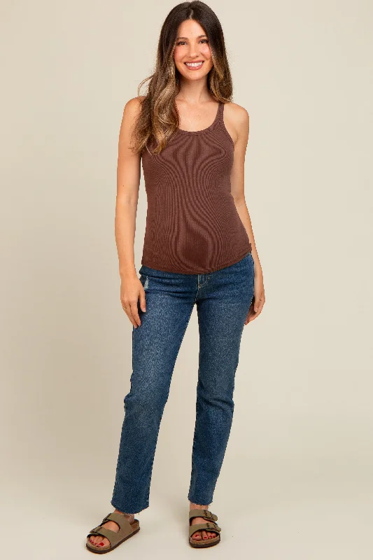 Navy Blue Straight Raw Cut Maternity Jeans Sporty Women's Athleisure  Sporty Women's Athleisure 