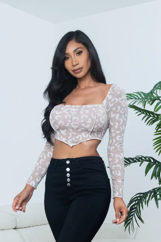 Leopard Print Long Sleeve Square Neck Asymmetrical Front Top (BT10097-1) European European Leopard Print Long Sleeve Square Neck Asymmetrical Front Top (BT10097-1) European European