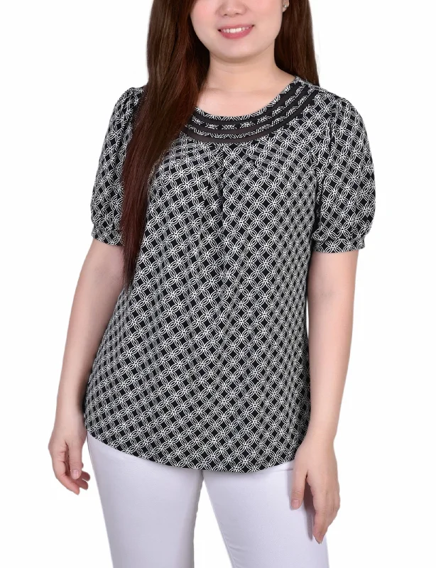 Short Puff Sleeve Sheer Inset Top Bohemian Women's Free Bohemian Women's Free