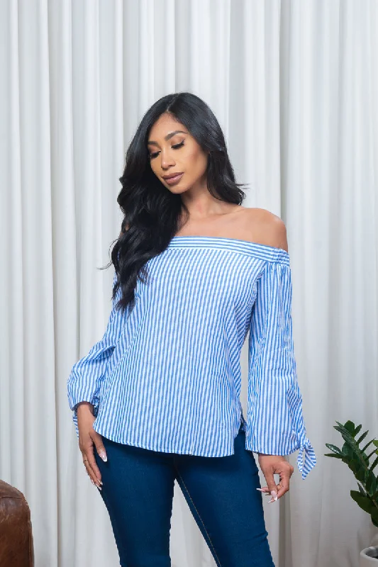 Off Shoulder Striped Long Sleeve Top with Tie Cuffs in Blue & White (171146) Traditional Women's Wool Traditional Women's Wool Off Shoulder Striped Long Sleeve Top with Tie Cuffs in Blue & White (171146) Traditional Women's Wool Traditional Women's Wool