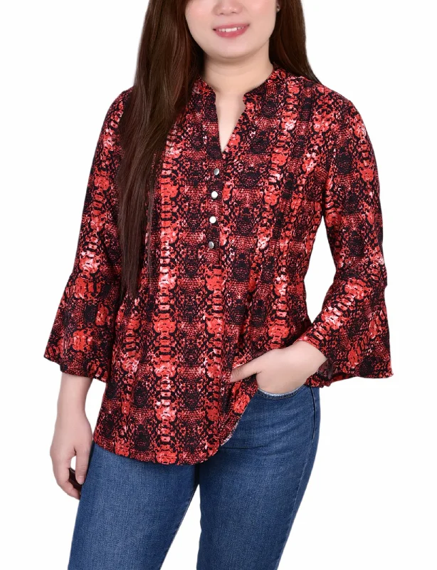 3/4 Bell Sleeve Pleat Front Y Neck Top European European