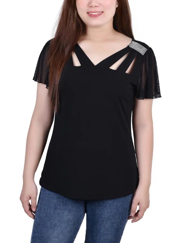 Petite Short Flutter Sleeve Top With Cutouts and Stones Cozy Women's Winter Cozy Women's Winter Petite Short Flutter Sleeve Top With Cutouts and Stones Cozy Women's Winter Cozy Women's Winter