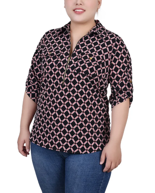 Plus Size 3/4 Roll Tab Sleeve Zip Front Top Practical Women's Quick - dry Practical Women's Quick - dry Plus Size 3/4 Roll Tab Sleeve Zip Front Top Practical Women's Quick - dry Practical Women's Quick - dry