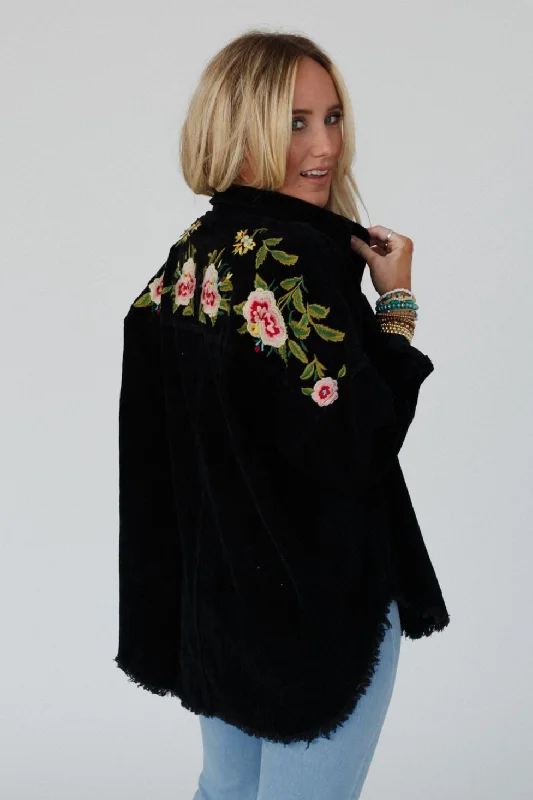 Gardener Embroidered Button Down Top - Black Monochromatic Office Style Monochromatic Office Style