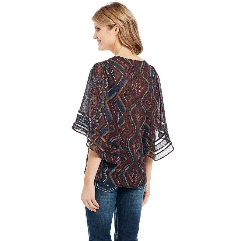Cowgirl Up Western Shirt Womens 3/4 Sleeve Aztec Blue Red CG91203 performance