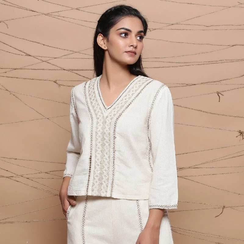 Ecru Jute Laced Handspun 100% Cotton Muslin V-Neck Top Vintage Women's 1970S 