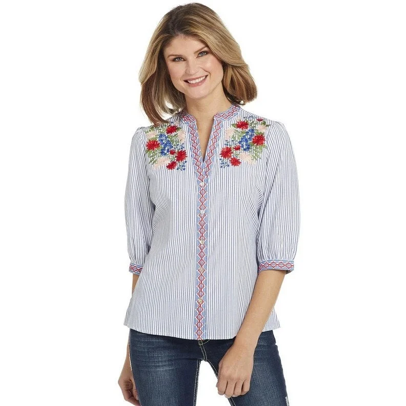 Cowgirl Up Western Shirt Womens 3/4 Sleeve Mandarin White Blue CG00101 Trendy Women's Oversized Cowgirl Up Western Shirt Womens 3/4 Sleeve Mandarin White Blue CG00101 Trendy Women's Oversized