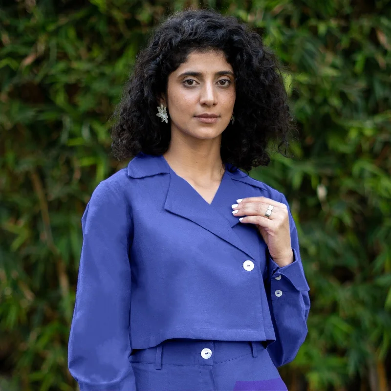 Royal Blue Cotton Poplin Full Sleeve Cropped Shirt Classic Women's Pin - striped