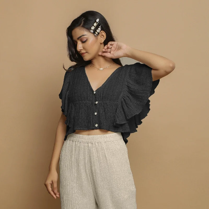 Black Crinkled Cotton Butterfly Sleeves Crop Top Cool Women's Skate