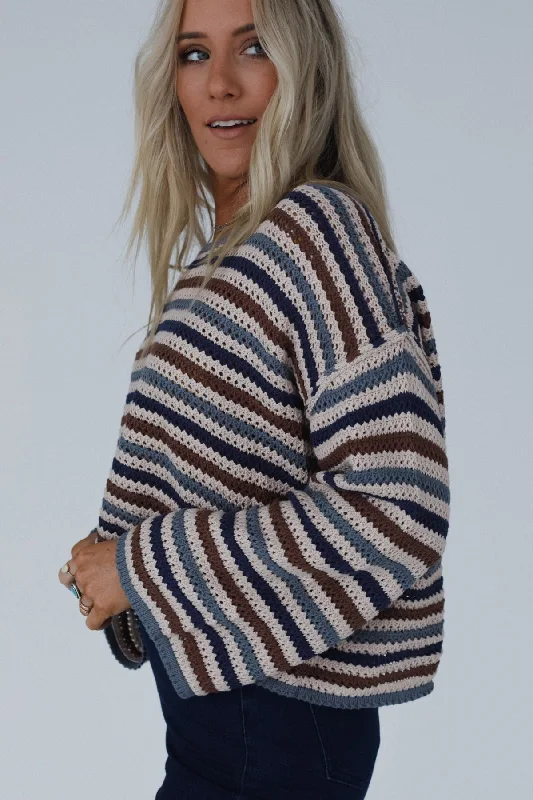 Meadow Crochet Striped Top - Taupe Multi Business