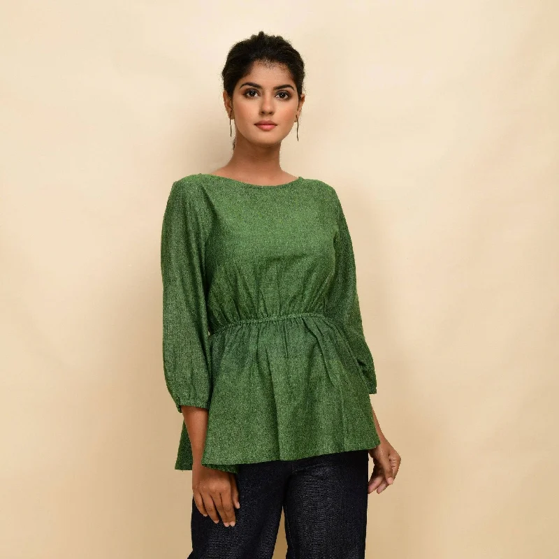 Forest Green Yarn Dyed Cotton Round Neck Peplum Top French