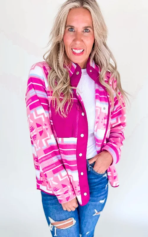 Hot Pink Aztec Fleece Snap Up Outdoor Jacket - Final Sale Traditional Women's Traditional Women's Hot Pink Aztec Fleece Snap Up Outdoor Jacket - Final Sale Traditional Women's Traditional Women's
