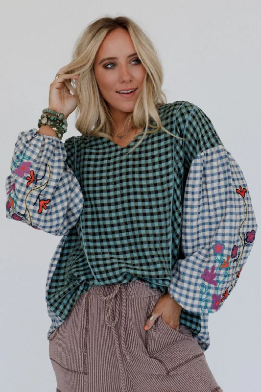 Homestead Plaid Floral Top - Teal Sleek Women's 