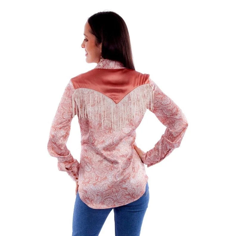 Scully Western Shirt Womens L/S Satin Print Fringe Yoke Peach F0_HC928 Relaxed Women's Scully Western Shirt Womens L/S Satin Print Fringe Yoke Peach F0_HC928 Relaxed Women's