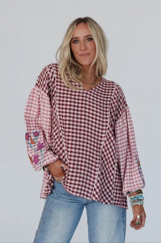 Homestead Plaid Floral Top - Mauve Hip Women's Retro