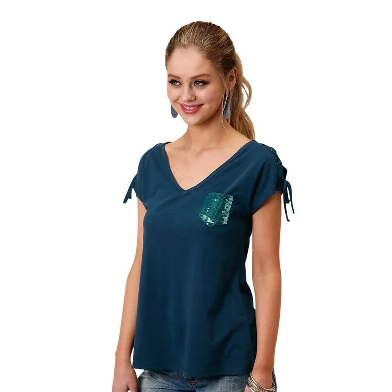 Roper Western Shirt Womens S/S Tee Sequins Navy 03-039-0513-2037 BU Luxurious Women's High - end Roper Western Shirt Womens S/S Tee Sequins Navy 03-039-0513-2037 BU Luxurious Women's High - end