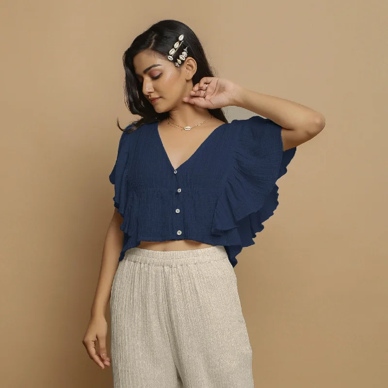 Navy Blue Crinkled Cotton Butterfly Sleeves Crop Top Sleek Women's 