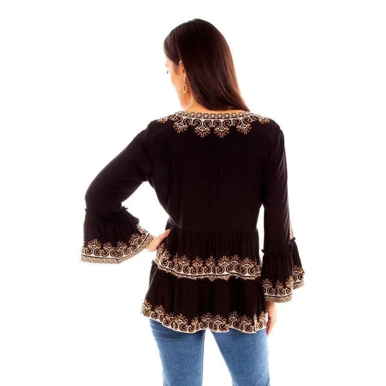 Scully Western Shirt Womens L/S Ruffled Embroidered Black F0_HC882 Gym