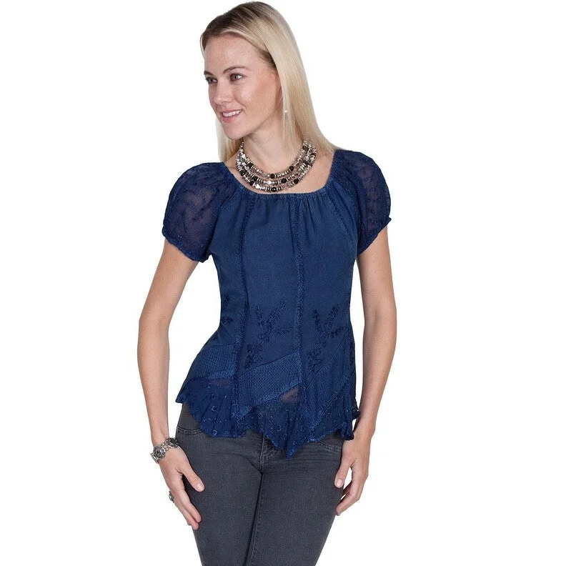 Scully Western Shirt Womens Short Sleeve Rayon Tie Back Blue F0_HC66 Modern Women's 