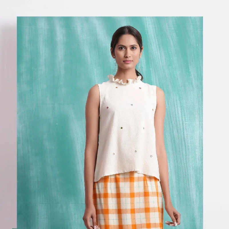 Off-White Mirror Work Handspun Cotton Muslin Sleeveless Top Disco