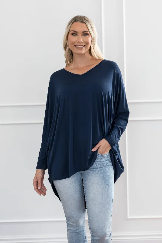 Long Sleeve Hi Low Miracle Top | Navy Sleek Women's Metallic Sleek Women's Metallic