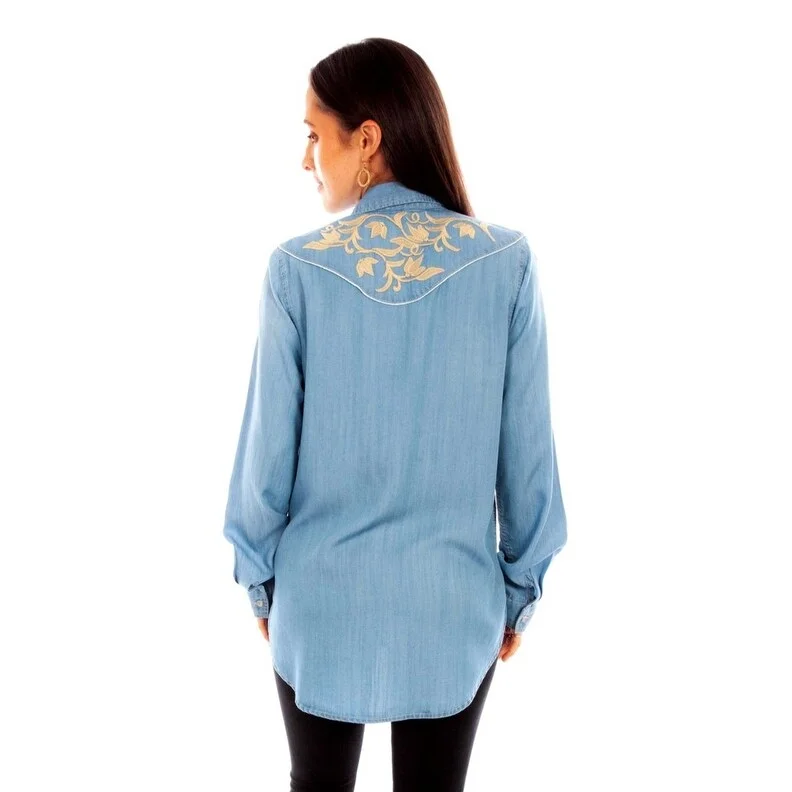 Scully Western Shirt Womens L/S Embroidered Button Front Blue F0_HC847 Hip Women's Retro Hip Women's Retro