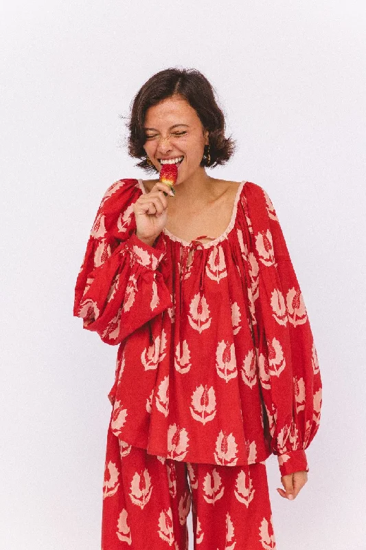 Ria Blouse ~ Ruby Red Minimalist Women's Casual